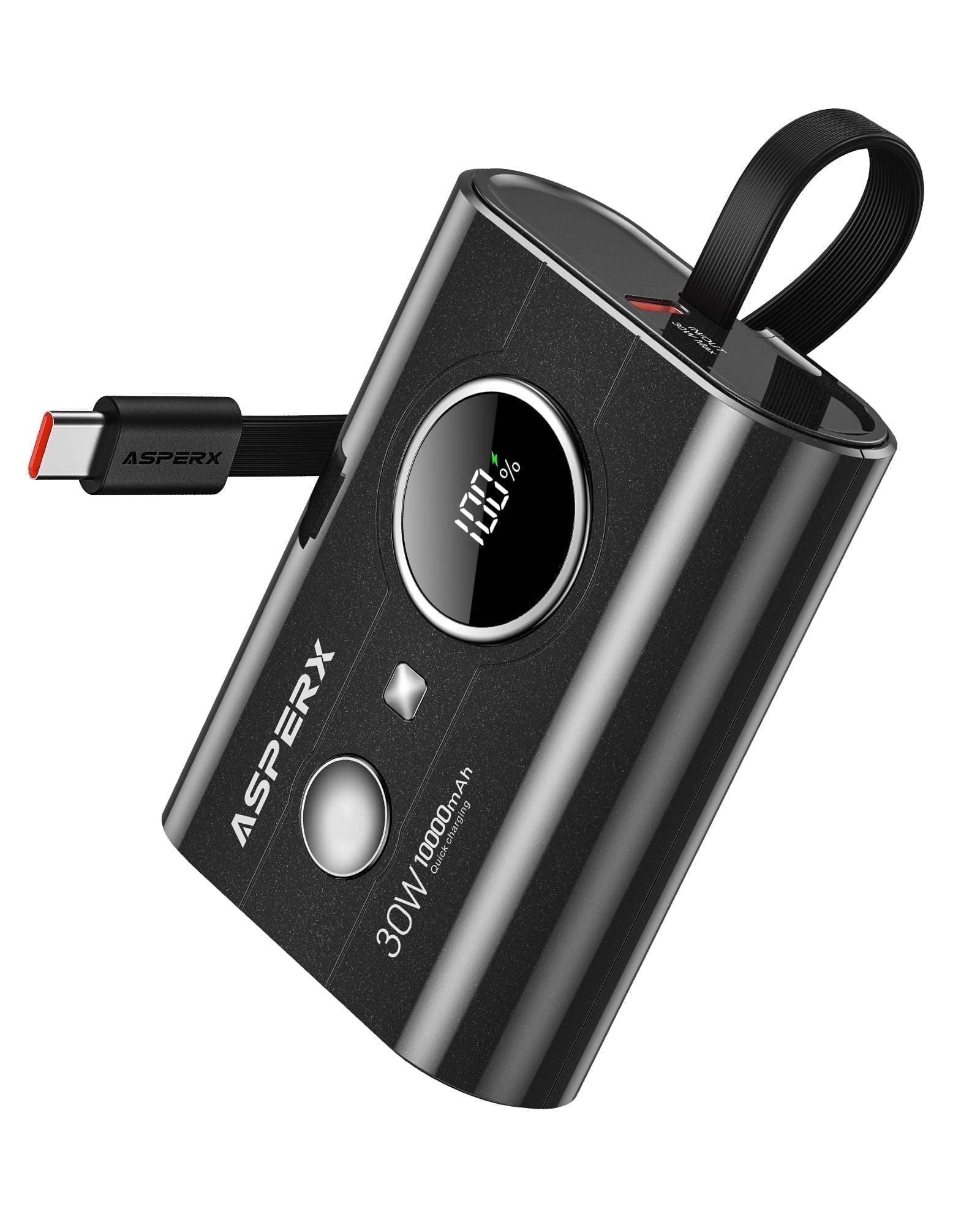 ASPERX 30W Power Bank with Cable, 10000mAh Portable Charger with 3 Outputs, LED Display Power Bank Compatible for iPhone 15/Android /Laptop, Plane Travel Powerstation, Black