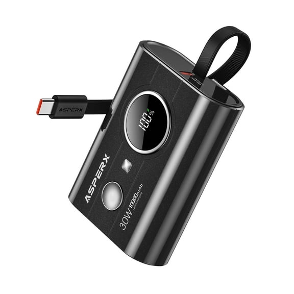ASPERX 30W Power Bank with Cable, 10000mAh Portable Charger with 3 Outputs, LED Display Power Bank Compatible for iPhone 15/Android /Laptop, Plane Travel Powerstation, Black