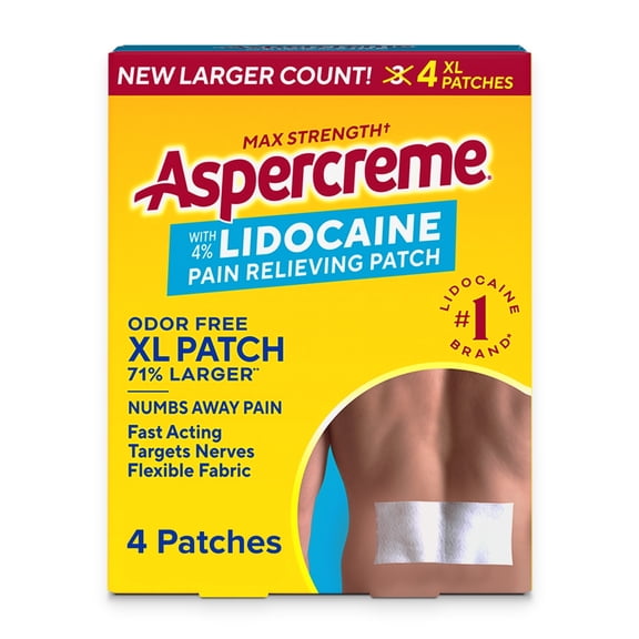 Aspercreme Lidocaine Pain Relief Patch XL for Back, Neck & Shoulder Pain, Topical Patches With Max-Strength 4% Lidocaine & Flexible Fabric Numbs Away Pain, 4 Ct.
