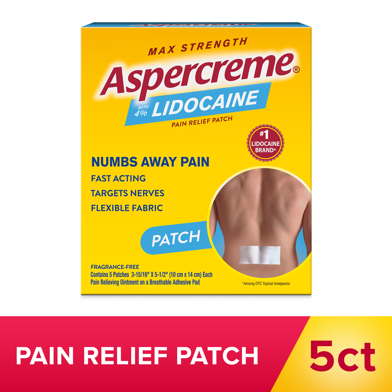 Aspercreme Max Strength Topical Pain Reliever Patches, Numbing Joint Pain Cream and Muscle Rub Alternative, 4% Lidocaine, 5 Count - image 1 of 9