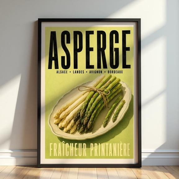 Asperge Poster, French Kitchen Wall Art, Vintage Vegetable Market Print, Modern Typographic, Black and Olive Green, Poster Only