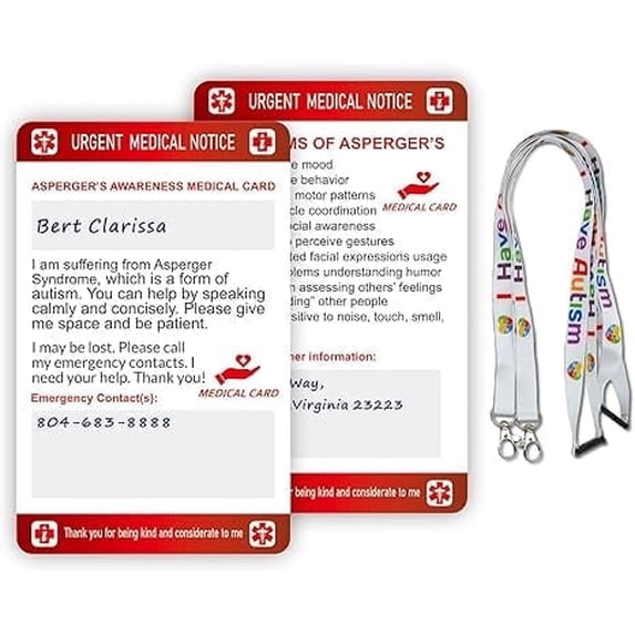 RAYCCI 2 Pcs Asperger's Syndrome Medical Information Card with Writable Panel & Patterned Lanyard, Standard Size Emergency Contact Card