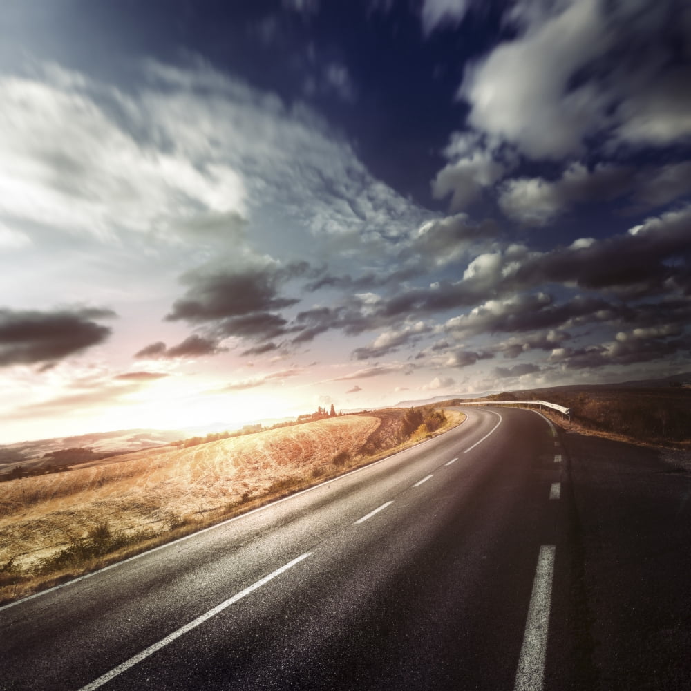 Asphalt road in field against moody clouds at sunset Tuscany Italy Canvas Art - Evgeny KuklevStocktrek Images (29 x 29)