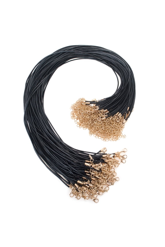 100 Pcs 1.5mm Waxed Leather Necklace Cord with Lobster Clasp, DIY Jewelry Making-Black Golden