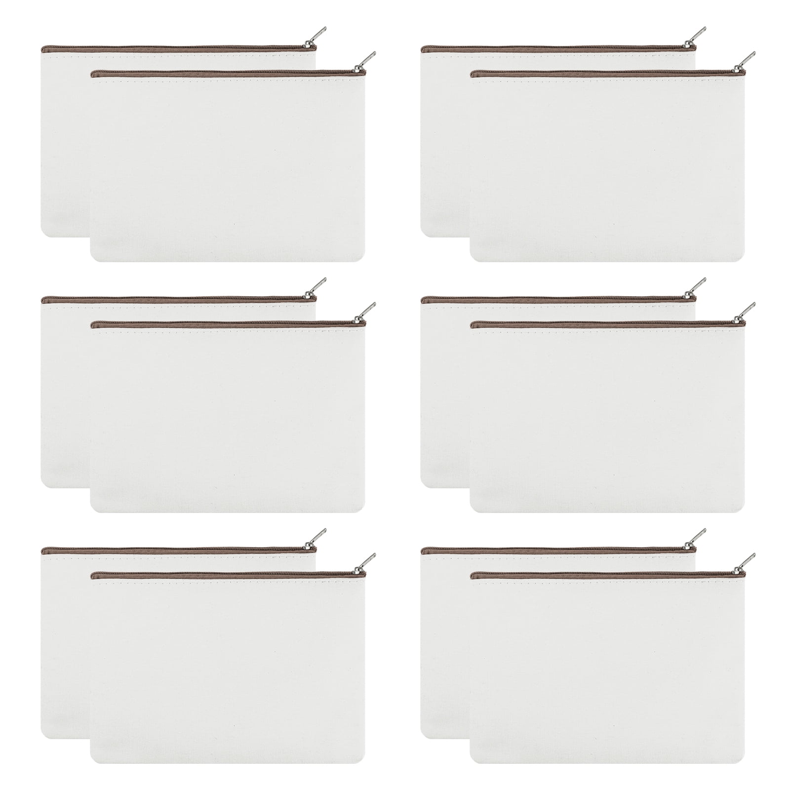 Aspire 12-Pack Canvas Bag with Lining, White Pouch Brown Zipper, 6-3/4" x 4-3/4" DIY Craft Bag, Christmas Gift Bag