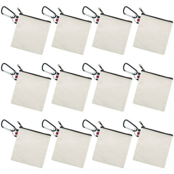 Aspire 12 Pack Coin Purse with Carabiner, Natural Cotton Canvas Zipper Pouch 4-1/4 x 4-1/4 Inches