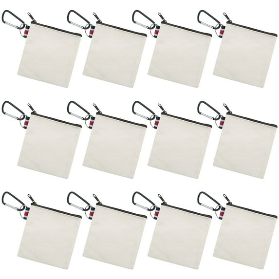 Aspire 12 Pack Coin Purse with Carabiner, Natural Cotton Canvas Zipper Pouch 4-1/4 x 4-1/4 Inches