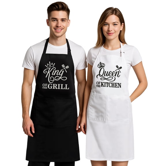 Aspire 2 Pcs Embroidered Apron Set for Couples, Adjustable Cooking Aprons for Engagement, Wedding - Queen and King