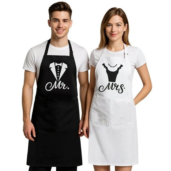Aspire 2 Pcs Embroidered Apron Set for Couples, Adjustable Cooking Aprons for Valentines, Engagement, Wedding - Wedding Dress