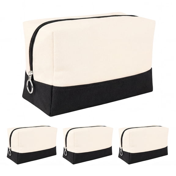 Aspire 4 Pack Cotton Canvas Makeup Bag with Contrasting Bottom Multi-Purpose Cosmetic Bag with Zipper Blank DIY Craft Bag-Natural / Black
