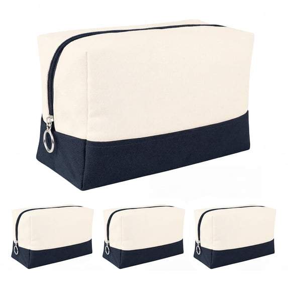 Aspire 4 Pack Cotton Canvas Makeup Bag with Contrasting Bottom Multi-Purpose Cosmetic Bag with Zipper Blank DIY Craft Bag-Natural / Navy