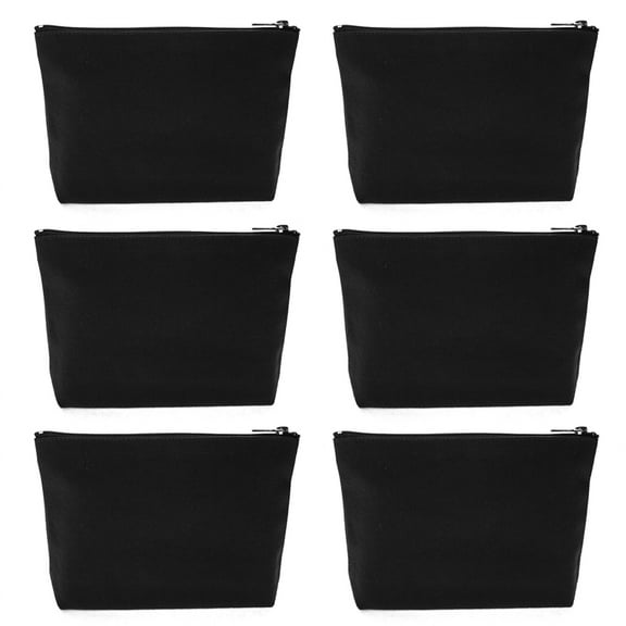 Aspire 6-Pack Black Canvas Zipper Bags Cosmetic Bag, 7-1/2 by 5-1/8 with 1-1/2 Inch Bottom