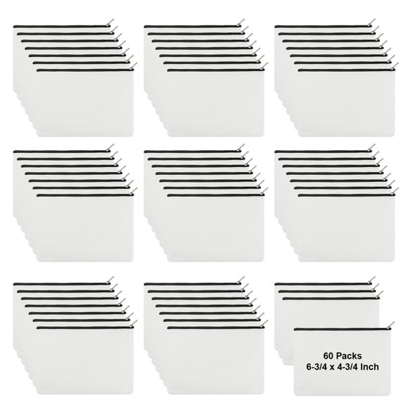 Aspire 60-Pack White Canvas Cosmetic Makeup Bag, Blank DIY Craft Lined Bag, 6-3/4 x 4-3/4 Inch