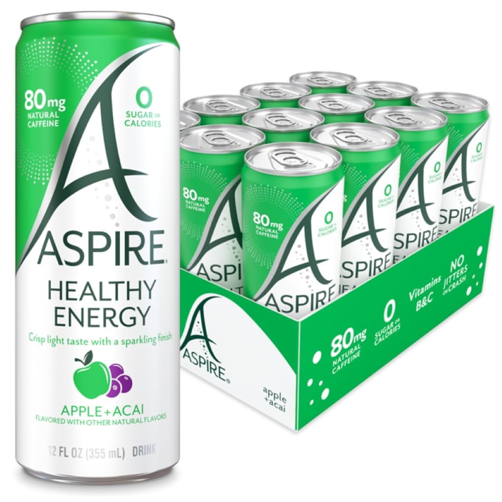 ASPIRE® Apple + Acai, Healthy Energy Drink 80mg Natural Caffeine, Zero Sugar No Carbs Keto Friendly, 12 Pack Green Tea Sugar Free Drink Low Caffeine Zero Calorie