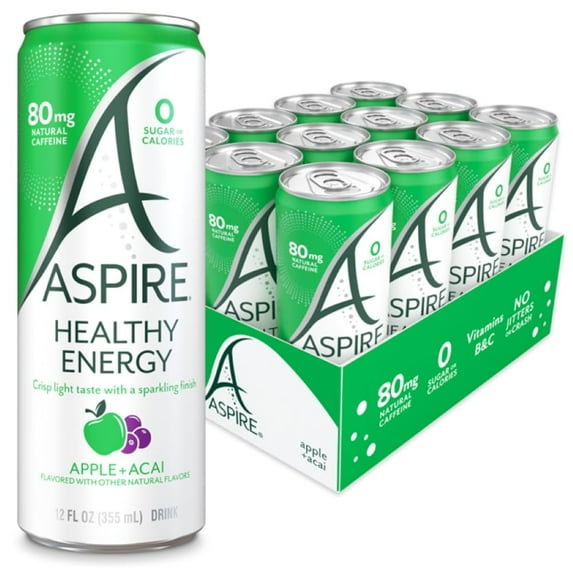 ASPIRE® Apple + Acai, Healthy Energy Drink 80mg Natural Caffeine, Zero Sugar No Carbs Keto Friendly, 12 Pack Green Tea Sugar Free Drink Low Caffeine Zero Calorie