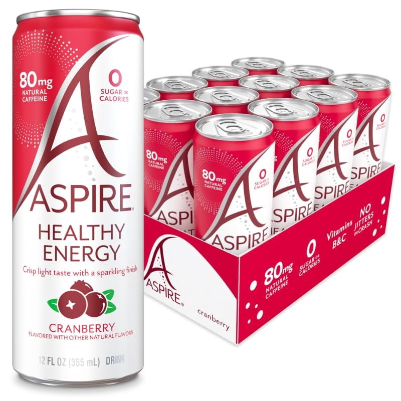 ASPIRE® Cranberry Energy, Healthy Energy Drink 80mg Natural Caffeine, Zero Sugar No Carbs Keto Friendly, 12 Pack Green Tea Sugar Free Drink Low Caffeine Zero Calorie