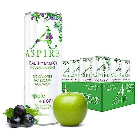 Aspire Healthy Energy Drink with Natural Caffeine - No Calories, Sugar and Carbs | Vitamins B, C, & Biotin | No Preservatives, Gluten Free | Suitable for Vegan, Kosher, Keto-Friendly |12 oz can, Apple