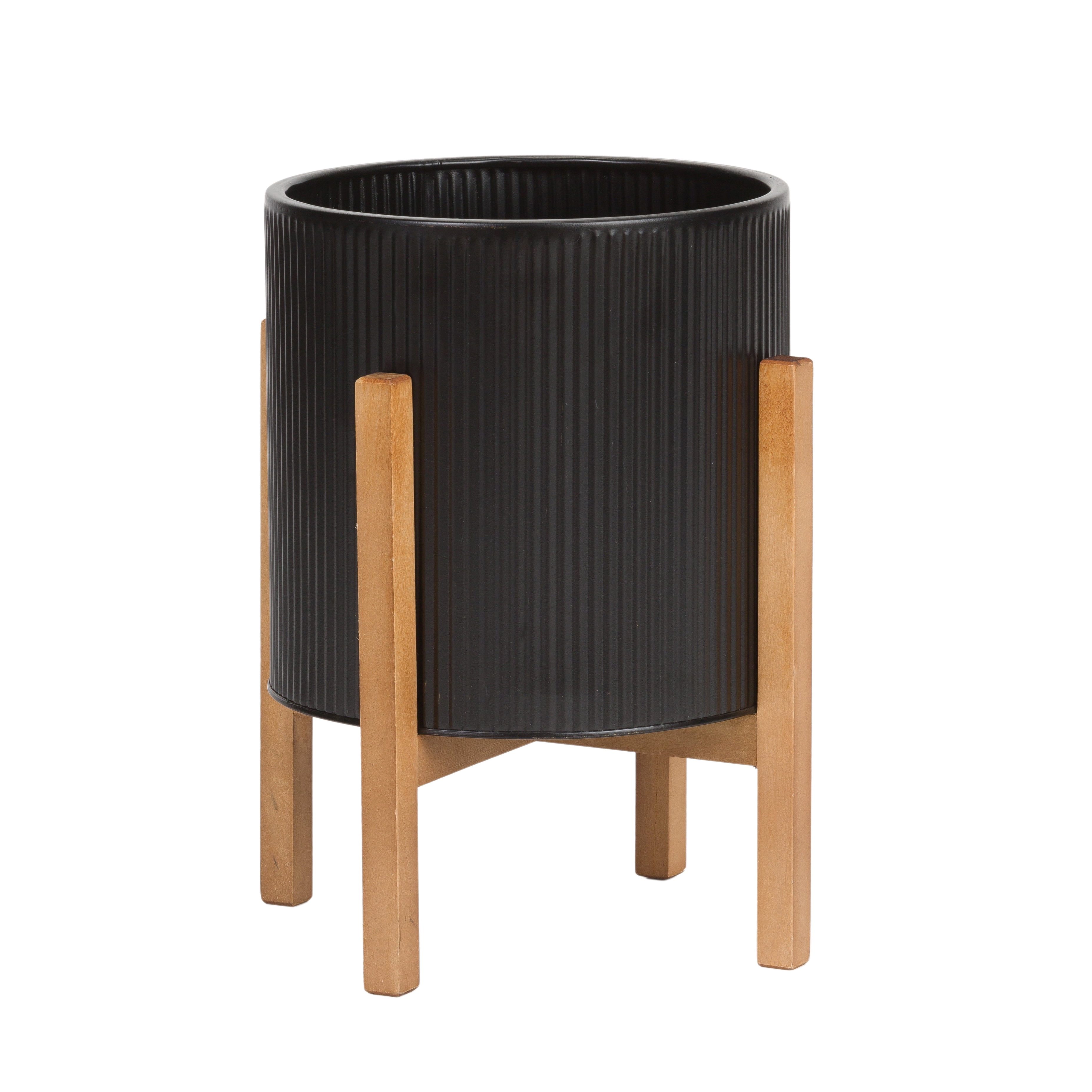 Everett Black Metal Planter with 4-Leg Wood Base, 14.75" x 12"