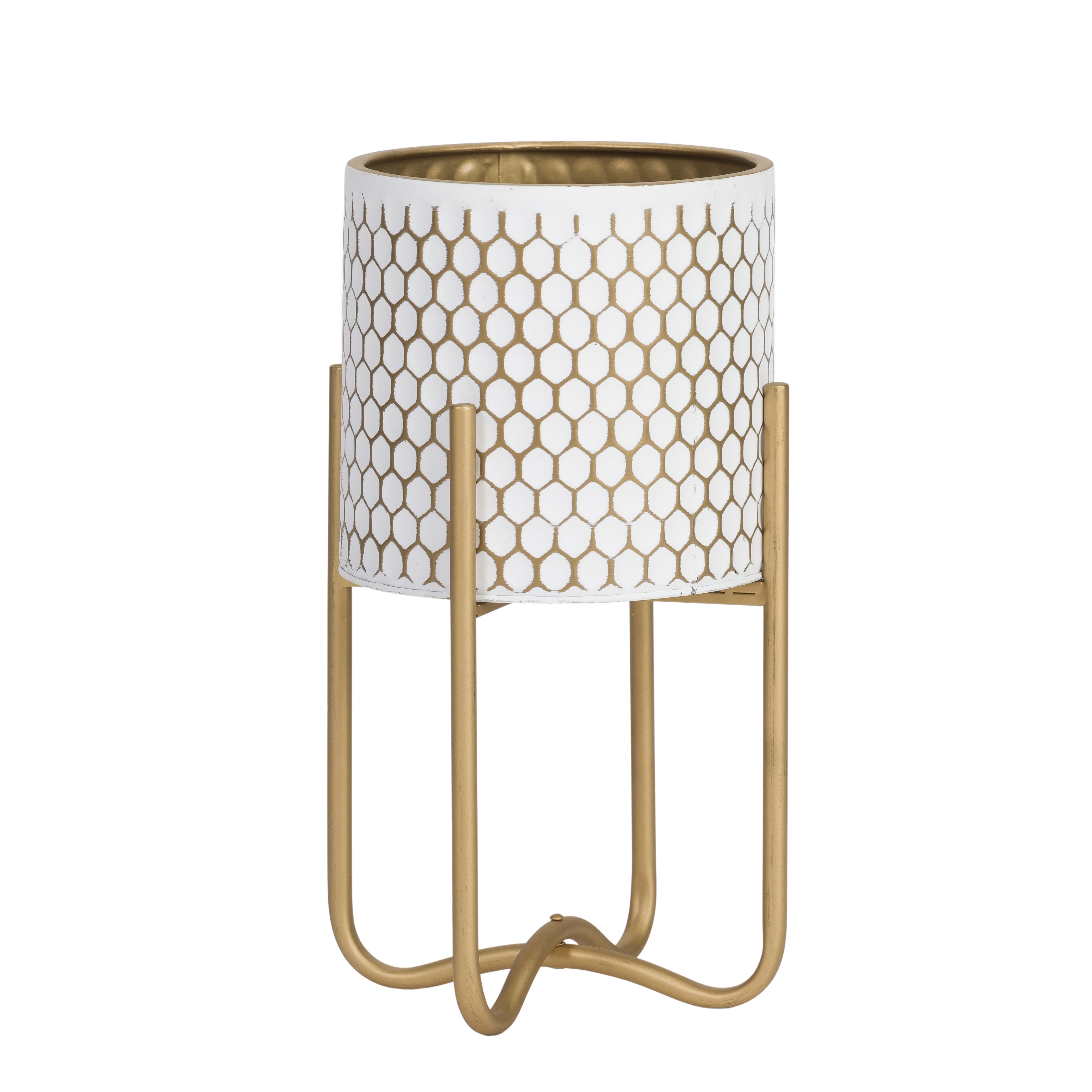 Gold and White Honeycomb Metal Planter with Tall Base