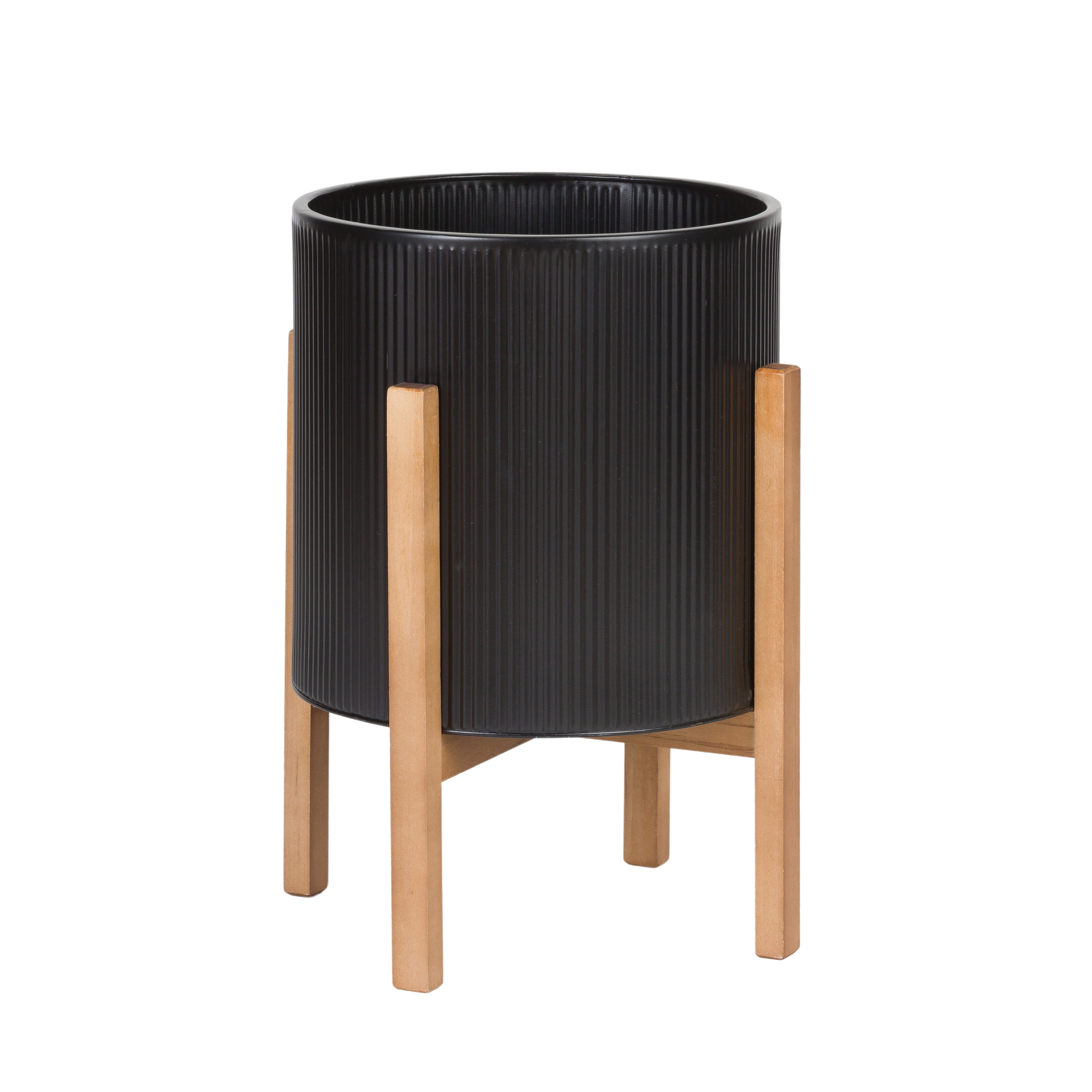 Everett Black Metal Planter with Natural Wood Base, 18.25" x 14"
