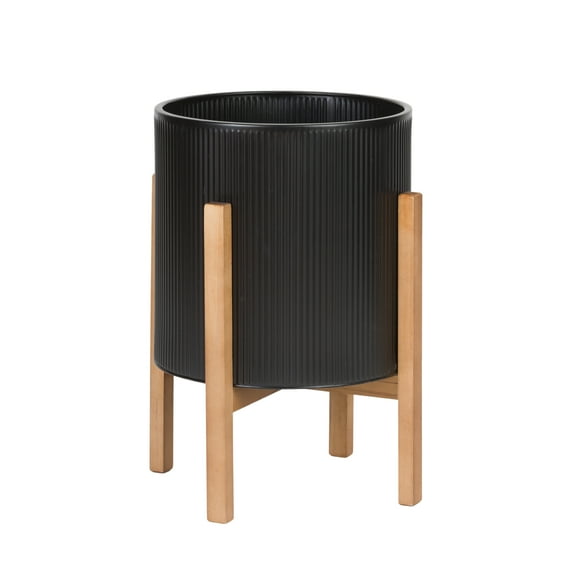 Aspire Home Accents 18.25” x 14” Black Mid-Century Modern Metal Planter with 4-Leg Wood Base