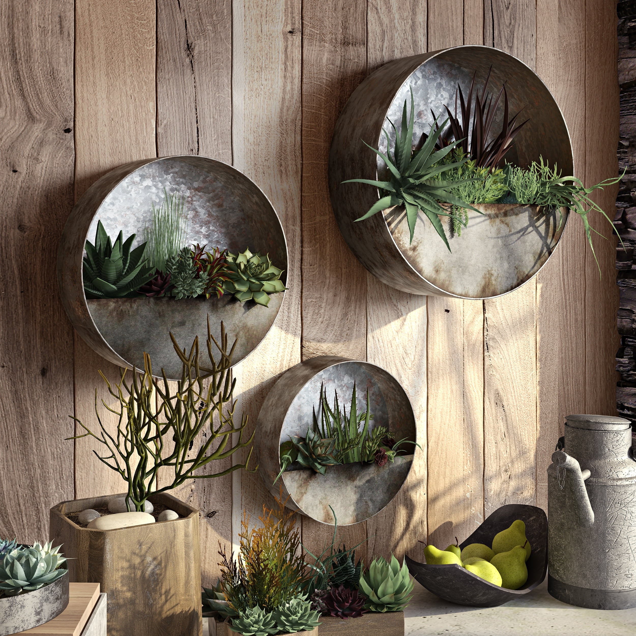Rustic Distressed Gray Steel Round Succulent Wall Planters Set