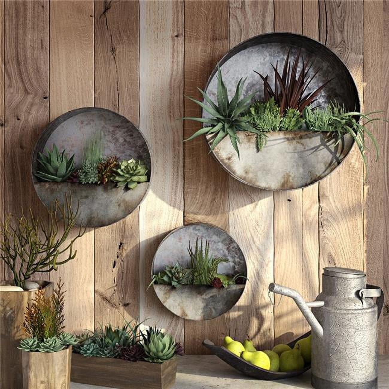 Rustic Distressed Gray Steel Round Succulent Wall Planters Set