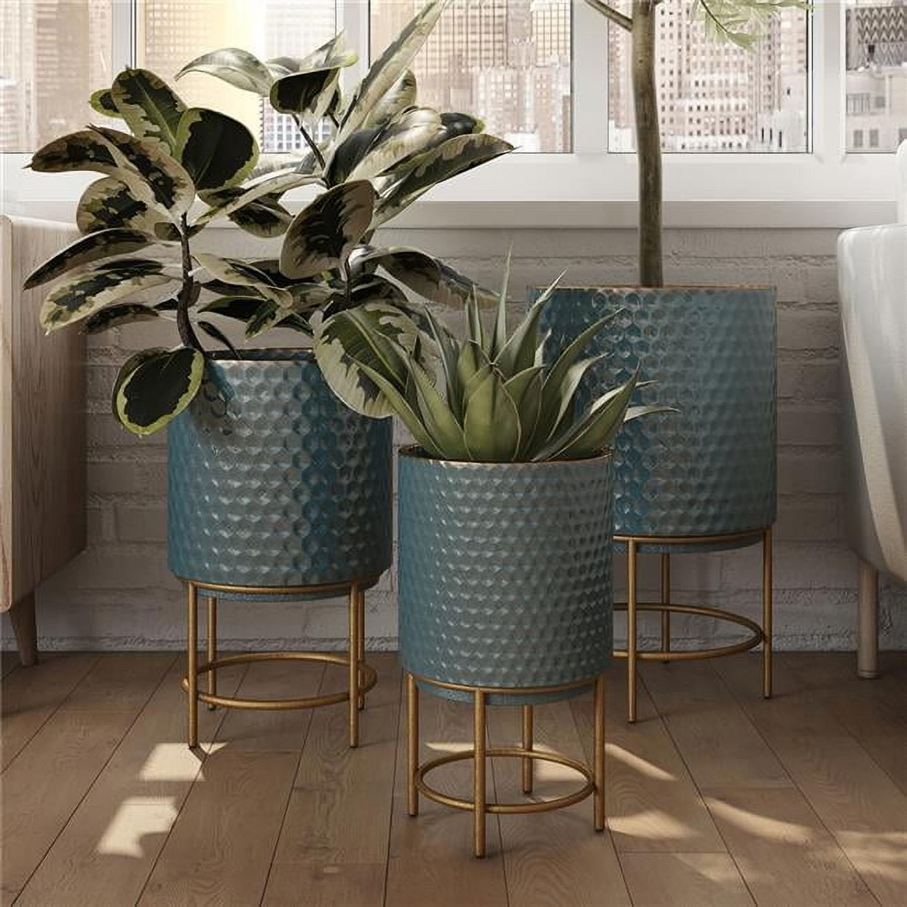 Luca Small Blue-Green Metal Planters with Gold Legs (Set of 3)