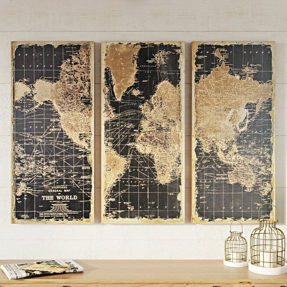 Aspire Home Accents Wood Maps Art Print, Set of 3 - 48"x22"
