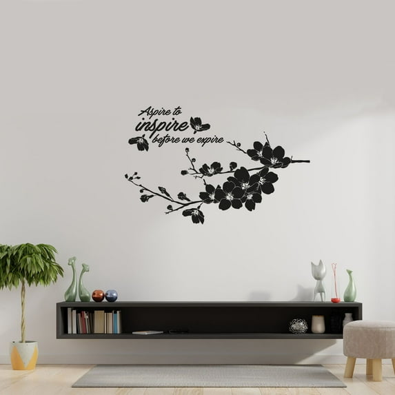 Aspire To Inspire Quote Cherry Blossom Japanese Flower Sakura Wall Sticker Art Decal for Girls Boys Kids Room Bedroom Nursery House Fun Home Decor Stickers Wall Art Vinyl Decoration Size (22x30 inch)