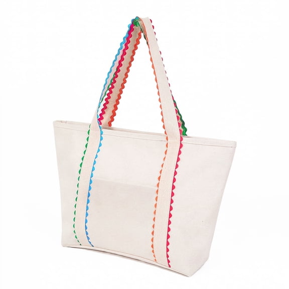 Aspire Large Canvas Tote Bag with Colored Accent Scalloped Handles, Beach Tote Bag with Exterior Pocket Zipper Closure-Natural