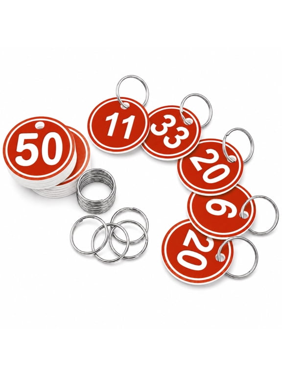 PACK of 20 Number Key Tags with Ring, ABS Numbered ID Tag Keychains, Red 1 to 50