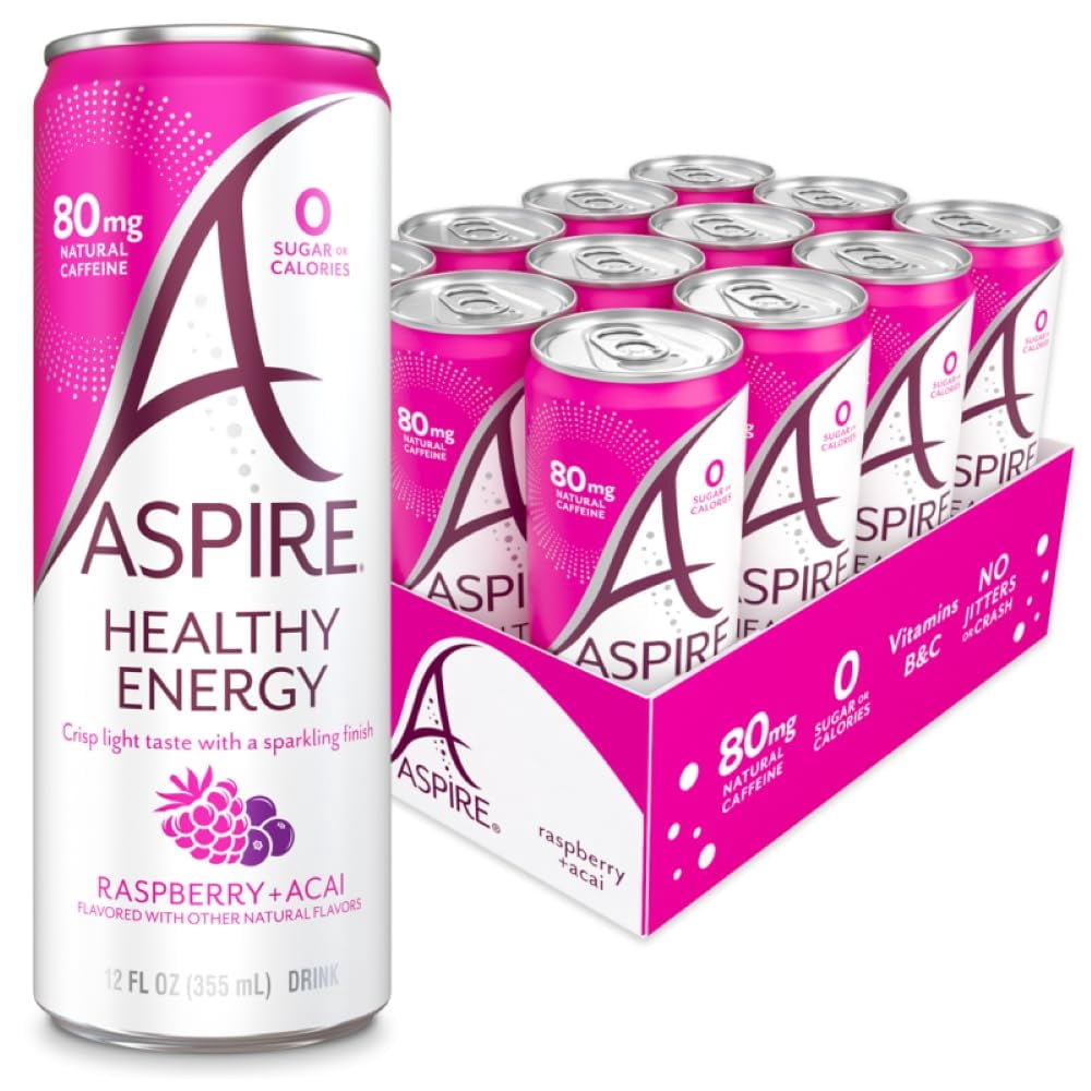 ASPIRE® Raspberry Acai , Healthy Energy Drink 80mg Natural Caffeine, Zero Sugar No Carbs Keto Friendly, 12 Pack Green Tea Sugar Free Drink Low Caffeine Zero Calorie