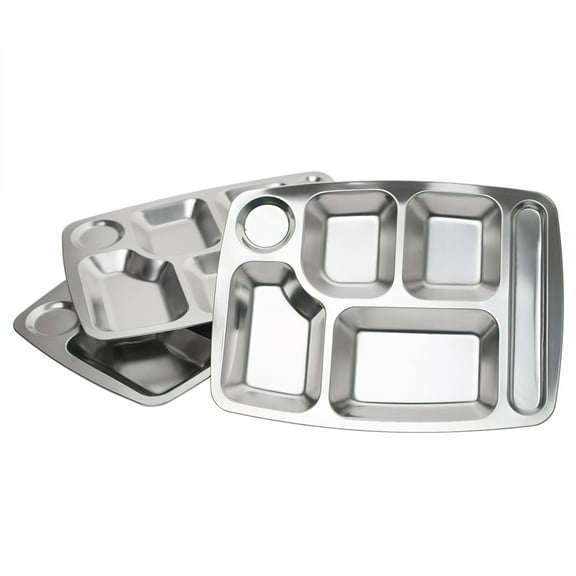 Aspire Rectangular Divided Cafeteria Tray, Stainless Steel Tray, 3 Pieces-6 Sections