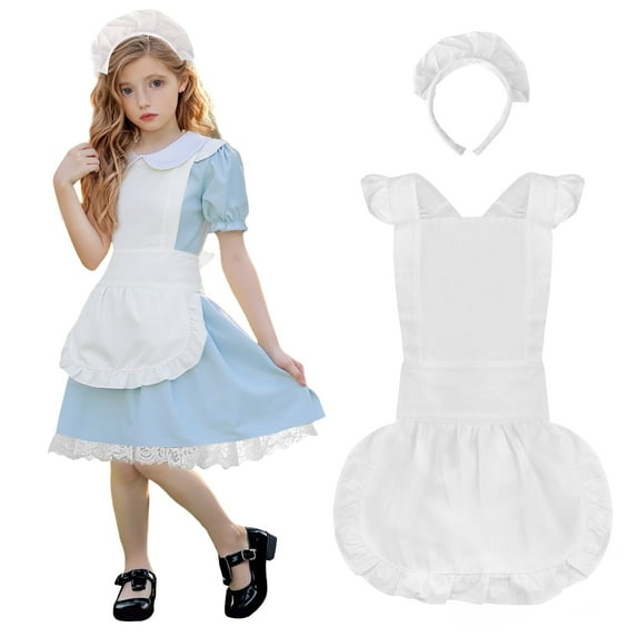 Aspire Retro Ruffle Apron with Headband Girls, White Cosplay Apron for Toddler, Vintage Costume for Painting, Claying, Baking