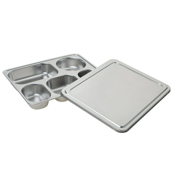 Aspire Stainless Steel Divided Dinner Trays with Metal Cover Portion Control Plate Divided Plates-5 Sections