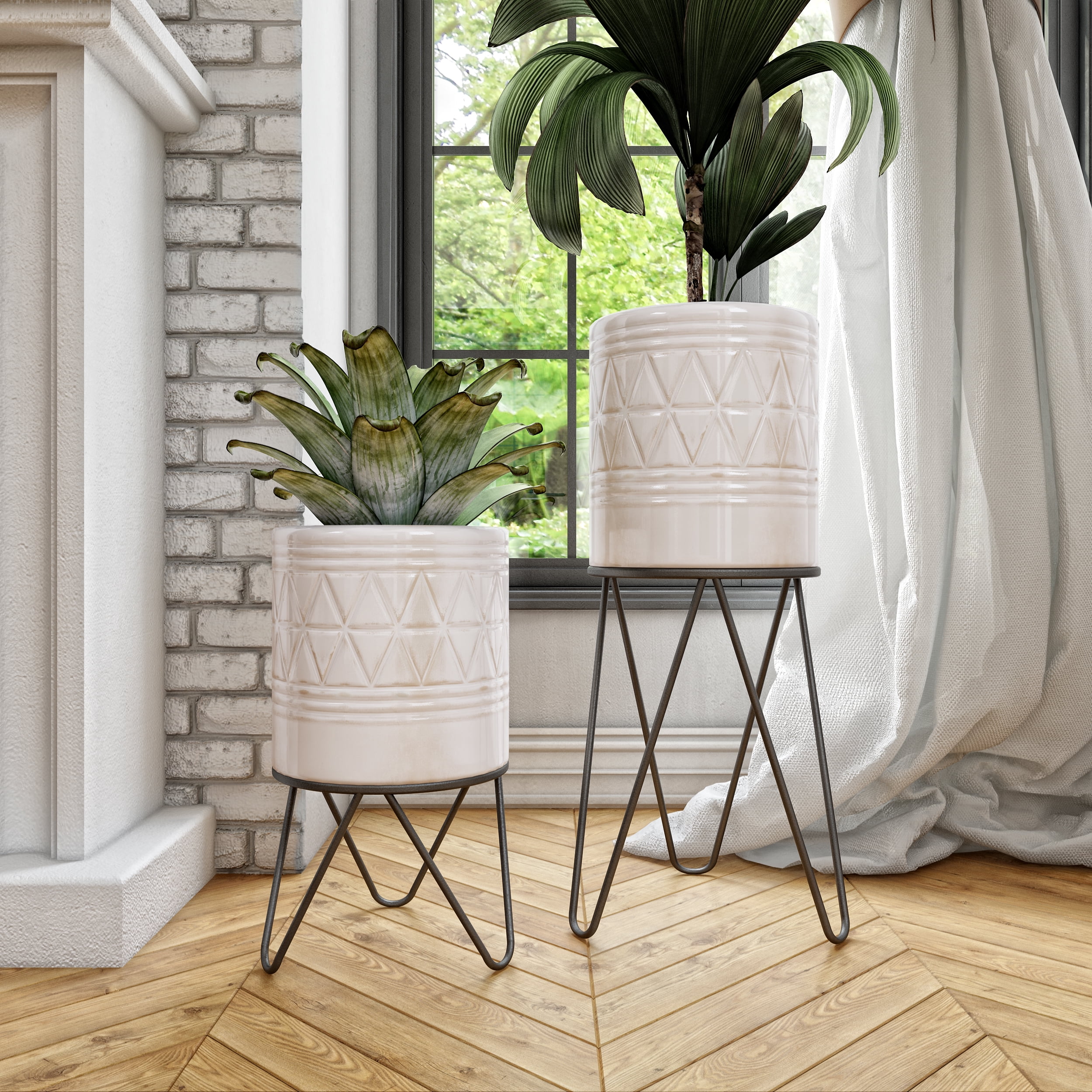 Shiloh Tall White Ceramic Planters with Dark Metal Legs - Set of 2
