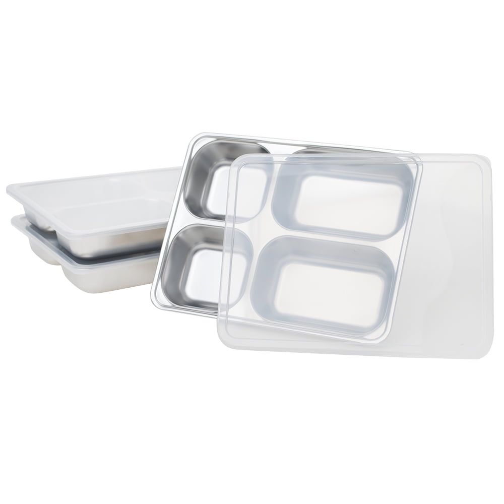 Aspire Stainless Steel Bento Box Lunch Container with Plastic Lid, 3 Sets-4 Sections