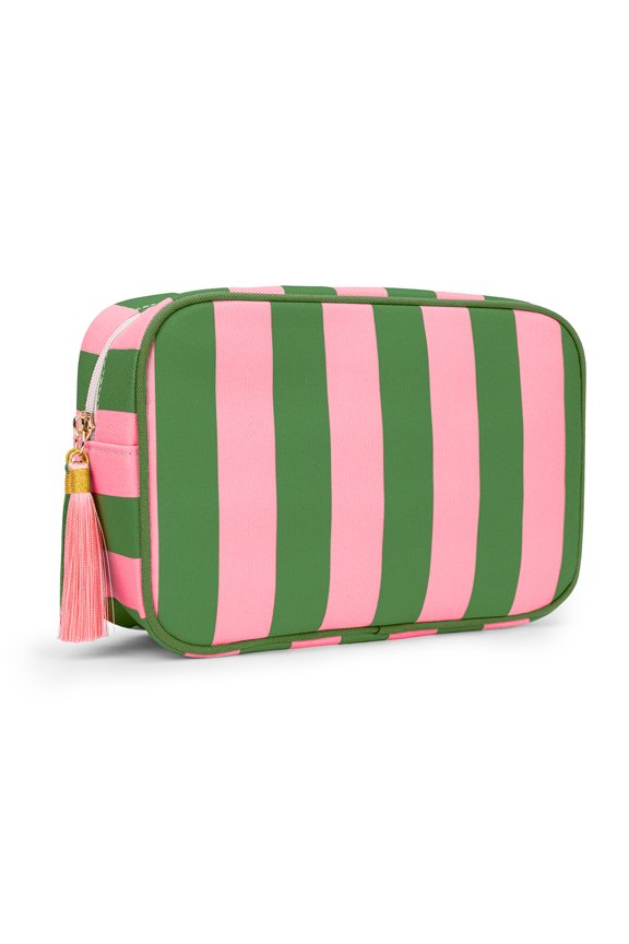 Wide Stripe Canvas Makeup Bag with Tassel Zipper Puller, Large Stand-Up Travel Toiletry Case-Green / Pink