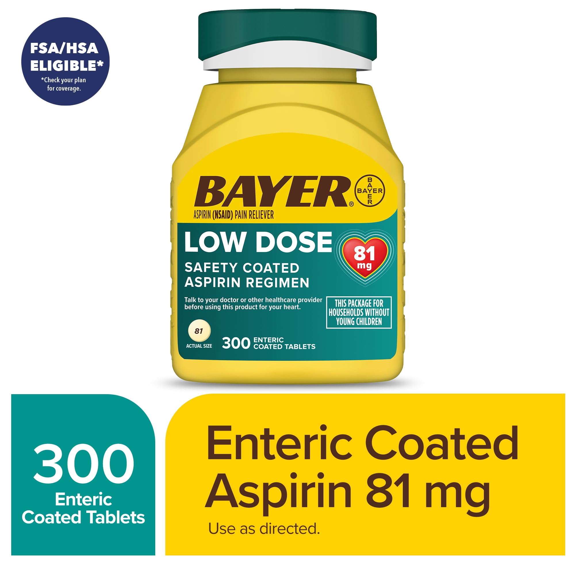Bayer Aspirin, Low Dose, 81mg, Pain Reliever, Enteric Coated Tablets, 300 Count