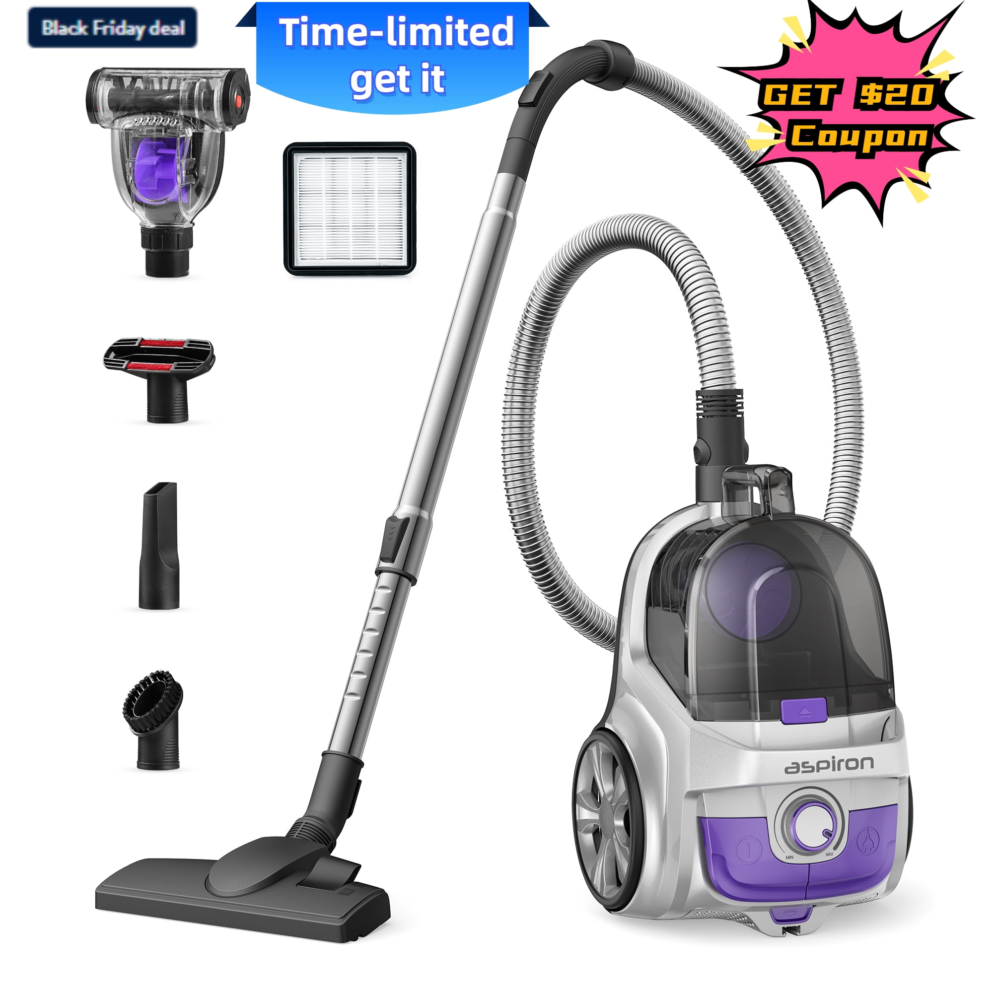 Aspiron Bagless Canister Vacuum Cleaner with Double HEPA Filter, Auto