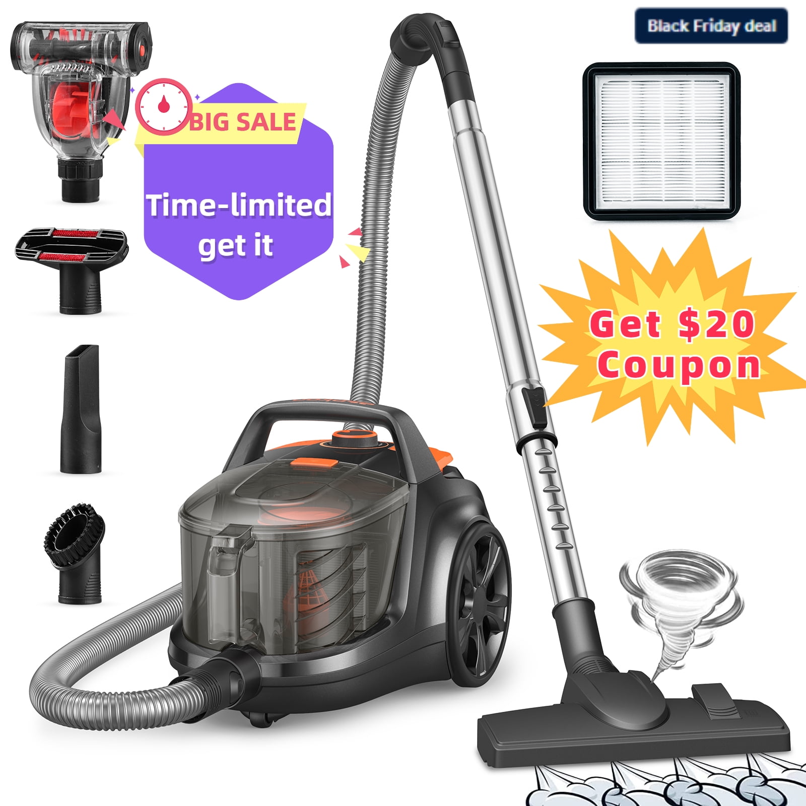 Aspiron Canister Vacuum Cleaner, 1200W 3.6QT Bagless Vacuum, Auto Cord