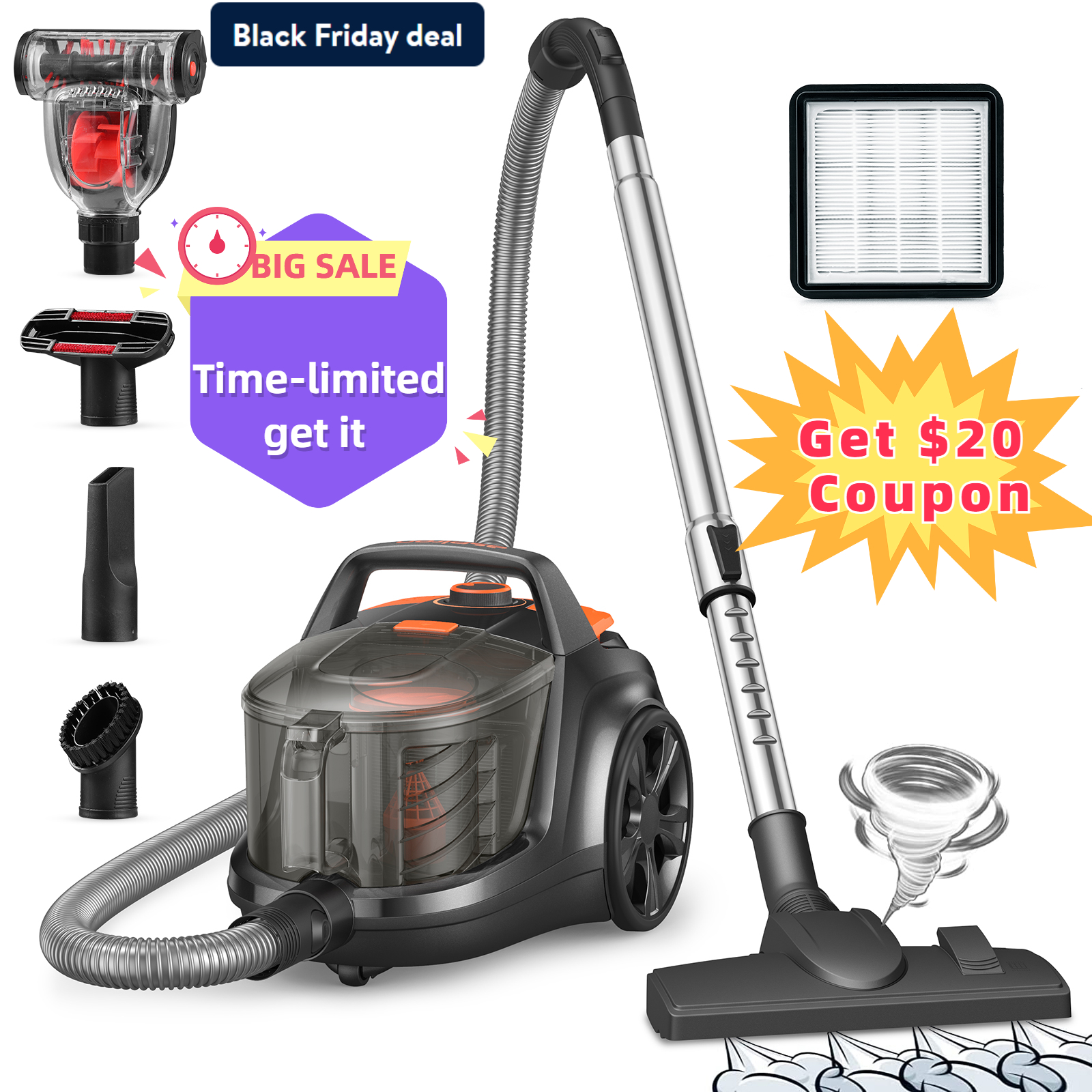 Aspiron Canister Vacuum Cleaner, 1200W 3.6QT Bagless Vacuum, Turbo