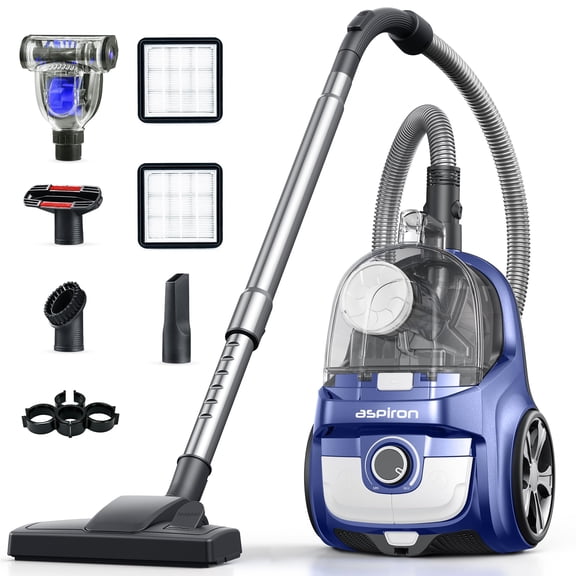 Aspiron Canister Vacuum Cleaner, 40Kpa Bagless Vacuum Cleaners, 4QT Large Dust Cup, Double HEPA Filter, Retractable Cord, 1600W Lightweight Vacuum Cleaner with 5 Tools for Hard Floors, Cobalt
