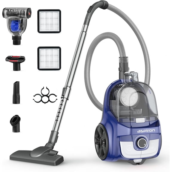 Aspiron Canister Vacuum, Upgraded 1600W Bagless Canister Vacuum Cleaner, Auto Cord Rewind, H13 HEPA Filter, 4Qt Large Capacity, 5 Tools for Hard Floors, Carpet, Pet, Upholstery, Tiles, Indigo