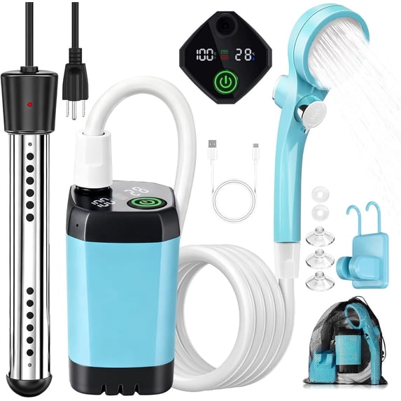 Aspligo Portable Camping Shower with Heater, 6000mAh Rechargeable Portable Shower with 2000W Immersion Heater, 3 Spray Modes,IPX7 Waterproof Outdoor Camp Pump for Hiking, Travel, Car, Pet