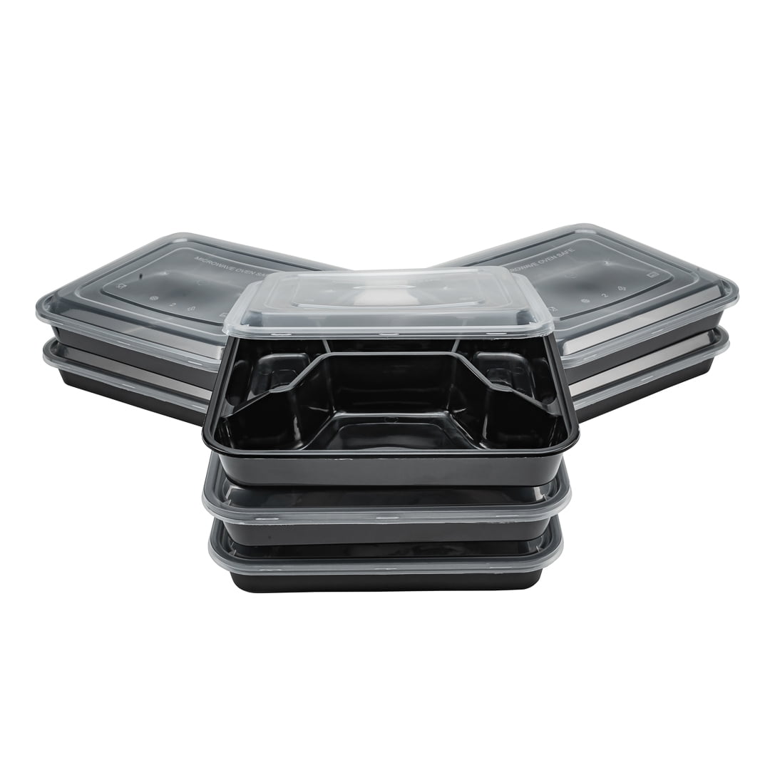 Asporto 26 oz Black Plastic 3 Compartment Food Container - with Clear Lid,  Microwavable - 8 3/4 x 6 x 1 3/4 - 100 count box