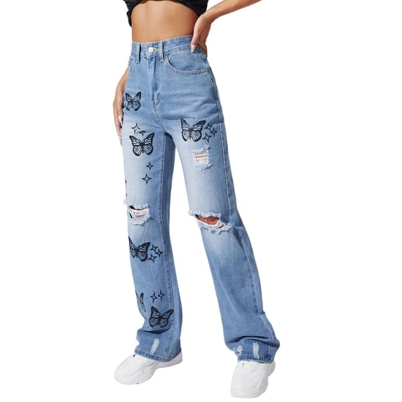 Asqwmvz Jeans Women Ladies Embroidered Ripped Fashionable Denim Pencil Pants Fashionable Denim Pants Blue