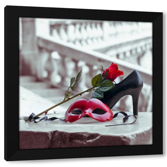 Assaf Frank 20x20 Black Modern Wood Framed Wall Art Titled - Venetian mask and high heel shoe with red rose, Rialto bridge, Venice, Italy