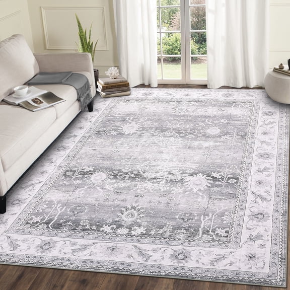 Assaile 10 x 13 ft Polyester Wool Spinning Gray Rectangular Hallway Bathroom Entryway Kitchen Foldable Allure Flower Printed Persian Washable Area Rug